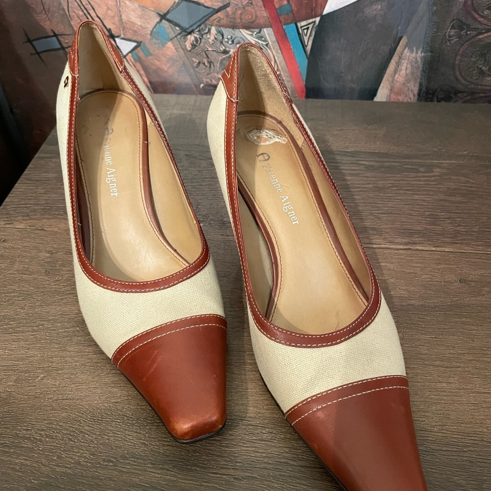 Etienne Aigner Cream and Brown Leather Upper Heels 7M